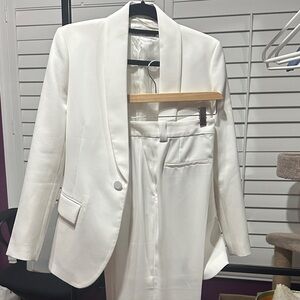 Elegant White Women’s Blazer and wide leg Pants Set from Zara